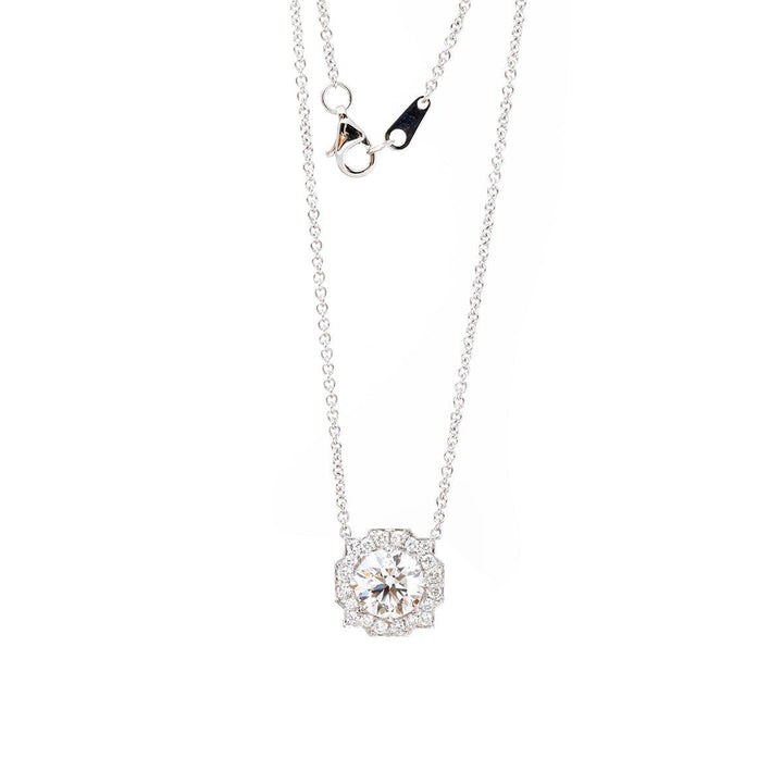 14K Round Brilliant Cut Lab Diamond Halo Setting White Gold Necklace - FIORESE JEWELRY