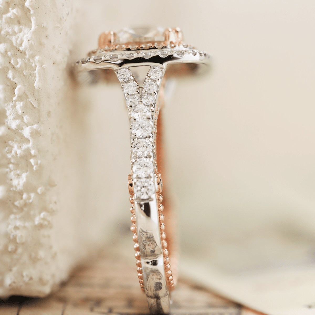 14K White and Rose Gold 2.5ct Old Mine Cut Lab Diamond Evelina Halo Edwardian Style Ring with Waverly Band and Millegrain Edging