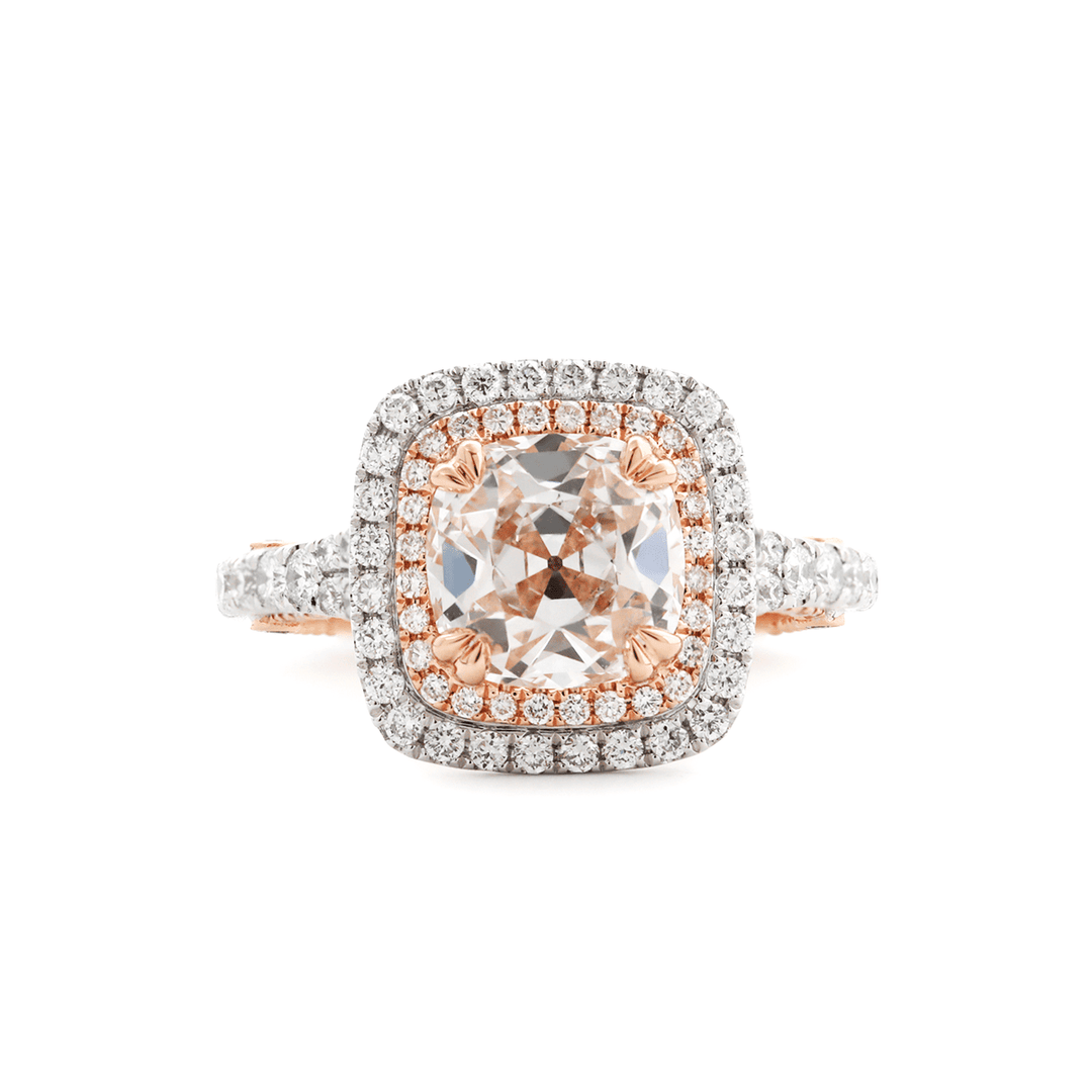 14K White and Rose Gold 2.5ct Old Mine Cut Lab Diamond Evelina Halo Edwardian Style Ring with Waverly Band and Millegrain Edging - FIORESE JEWELRY