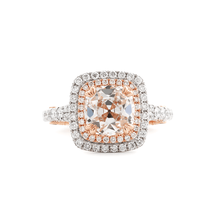 14K White and Rose Gold 2.5ct Old Mine Cut Lab Diamond Evelina Halo Edwardian Style Ring with Waverly Band and Millegrain Edging - FIORESE JEWELRY