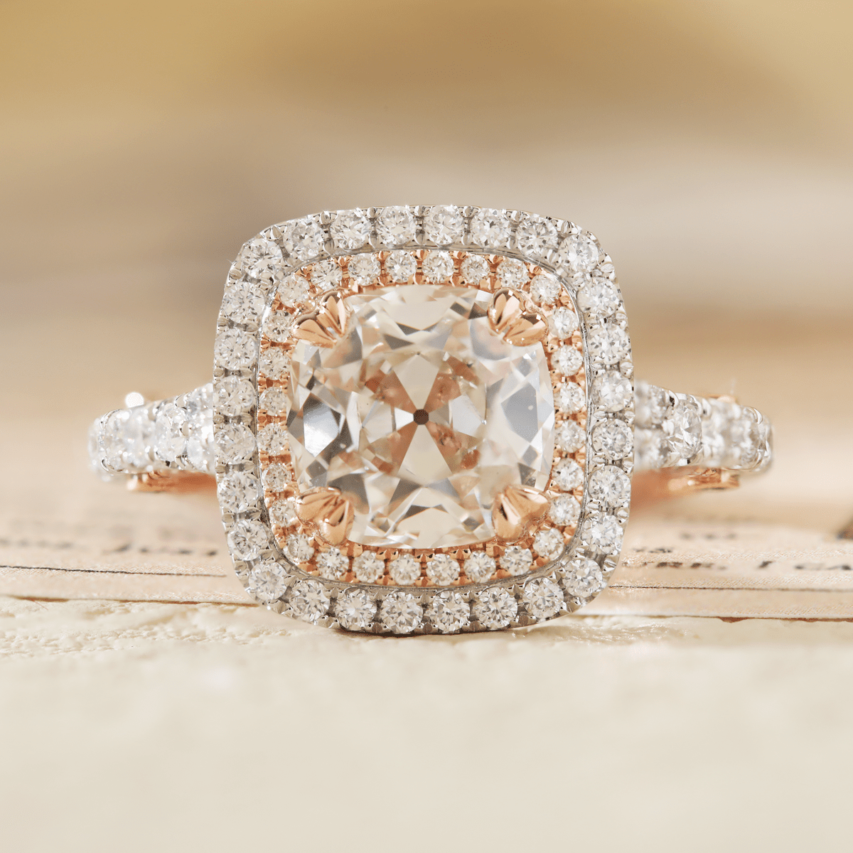 14K White and Rose Gold 2.5ct Old Mine Cut Lab Diamond Evelina Halo Edwardian Style Ring with Waverly Band and Millegrain Edging