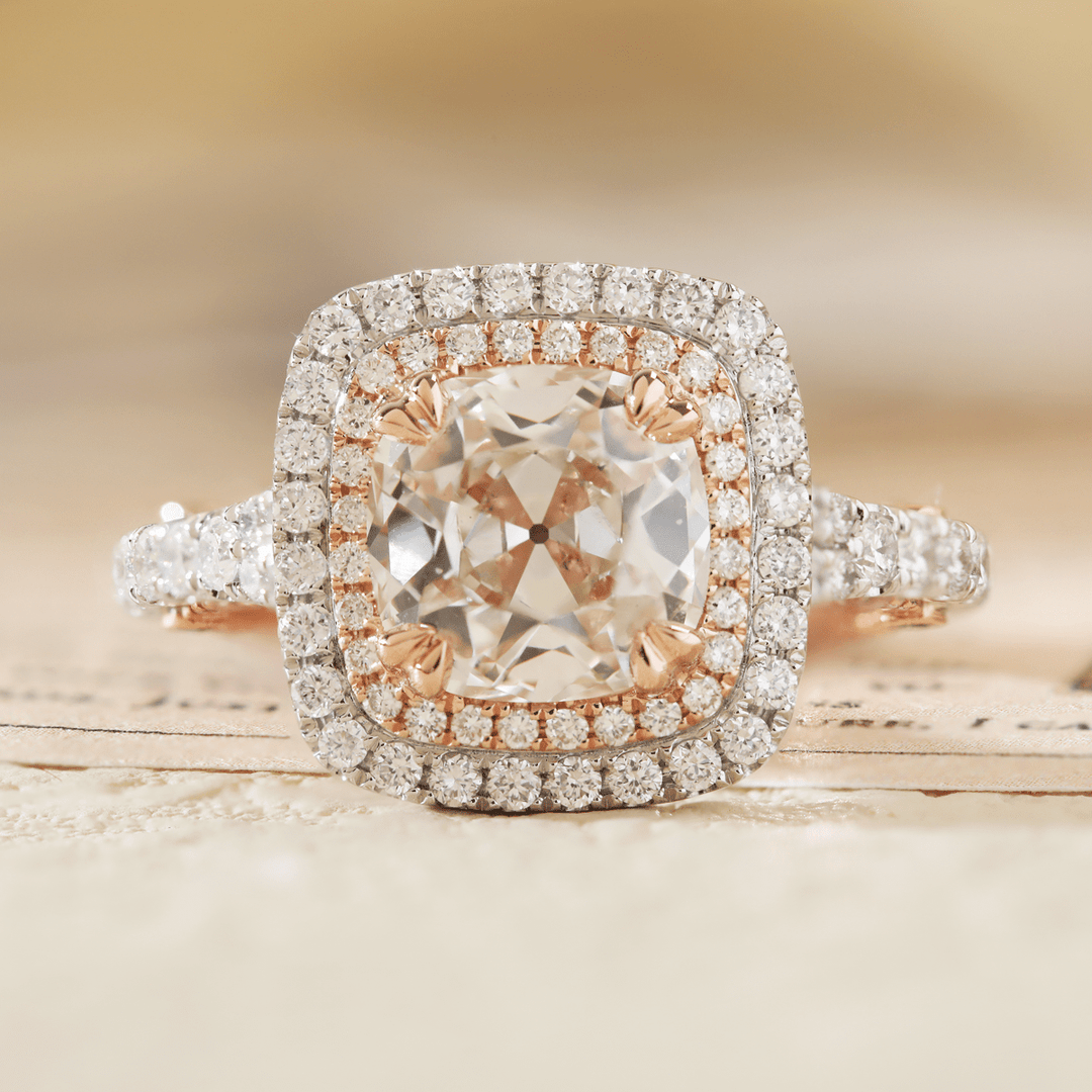 14K White and Rose Gold 2.5ct Old Mine Cut Lab Diamond Evelina Halo Edwardian Style Ring with Waverly Band and Millegrain Edging - FIORESE JEWELRY