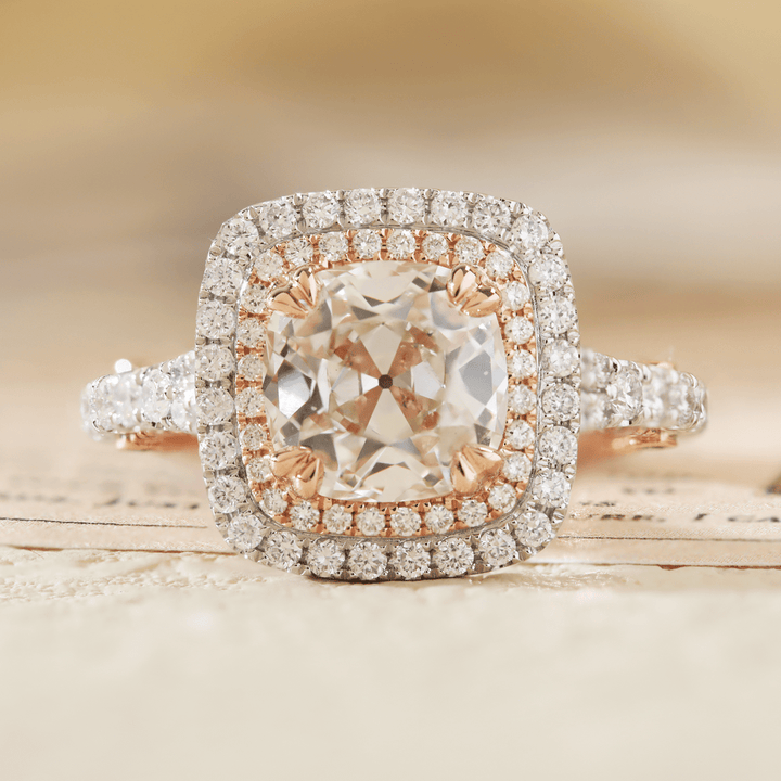 14K White and Rose Gold 2.5ct Old Mine Cut Lab Diamond Evelina Halo Edwardian Style Ring with Waverly Band and Millegrain Edging - FIORESE JEWELRY