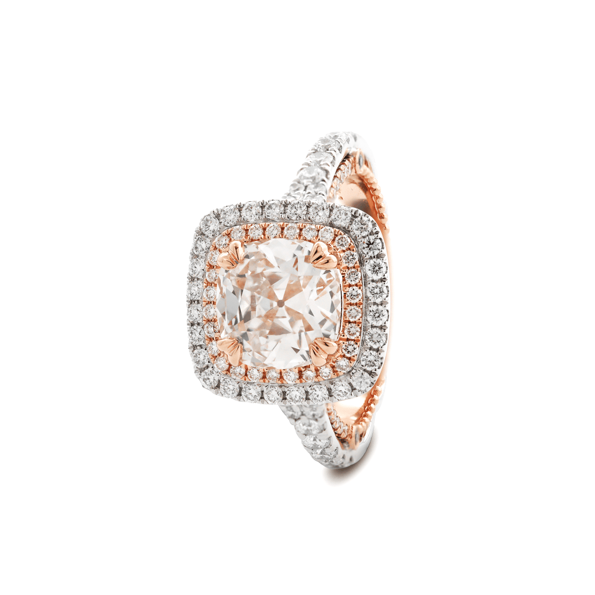 14K White and Rose Gold 2.5ct Old Mine Cut Lab Diamond Evelina Halo Edwardian Style Ring with Waverly Band and Millegrain Edging