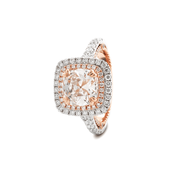 14K White and Rose Gold 2.5ct Old Mine Cut Lab Diamond Evelina Halo Edwardian Style Ring with Waverly Band and Millegrain Edging - FIORESE JEWELRY