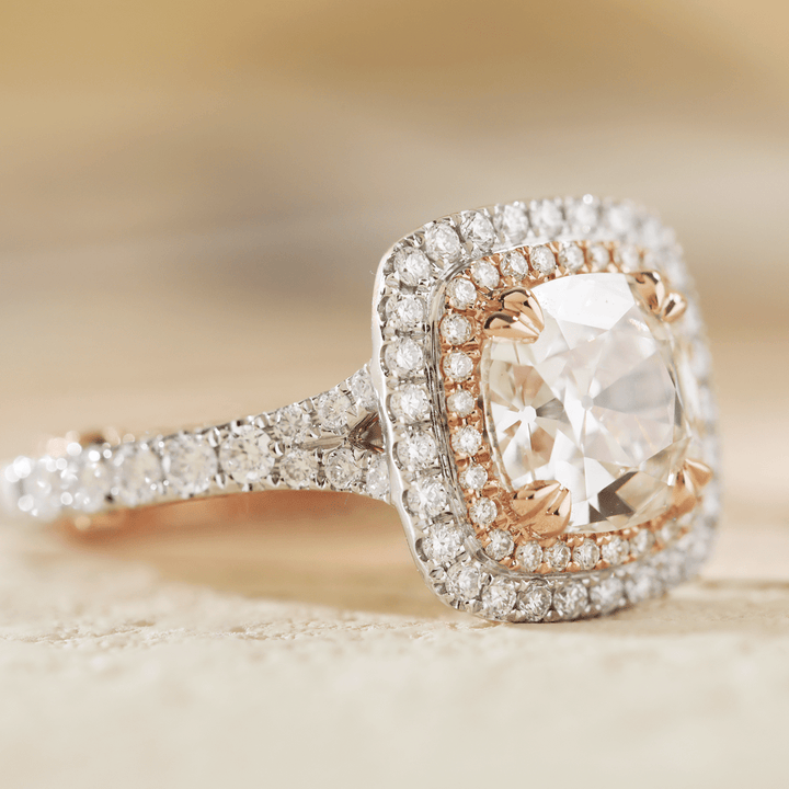 14K White and Rose Gold 2.5ct Old Mine Cut Lab Diamond Evelina Halo Edwardian Style Ring with Waverly Band and Millegrain Edging - FIORESE JEWELRY
