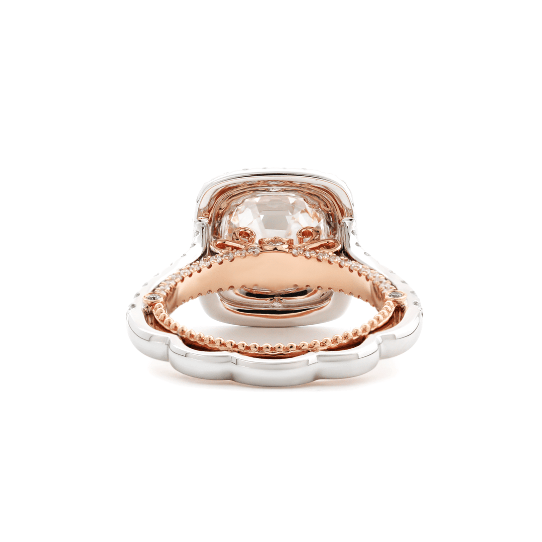 14K White and Rose Gold 2.5ct Old Mine Cut Lab Diamond Evelina Halo Edwardian Style Ring with Waverly Band and Millegrain Edging - FIORESE JEWELRY