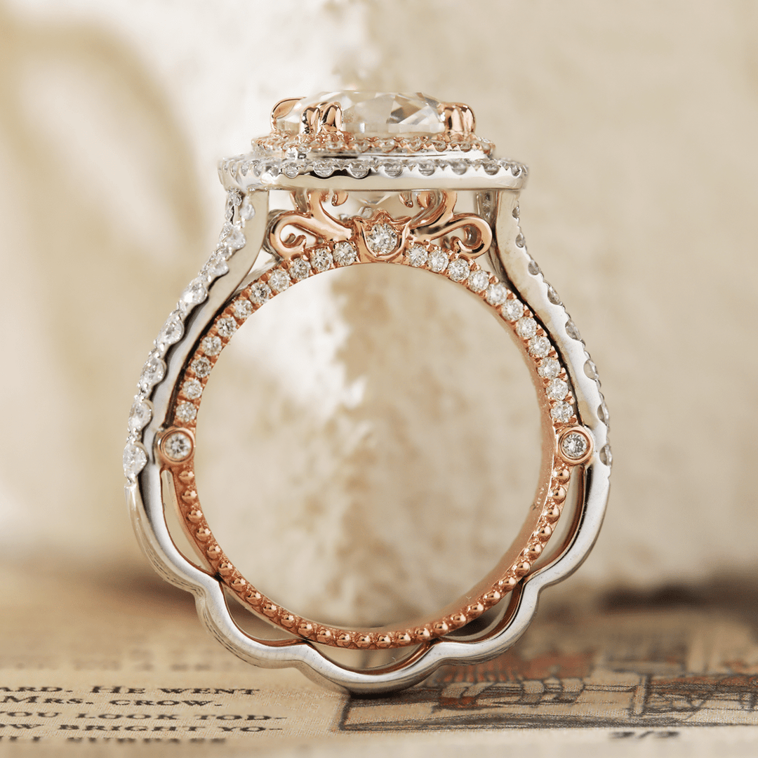 14K White and Rose Gold 2.5ct Old Mine Cut Lab Diamond Evelina Halo Edwardian Style Ring with Waverly Band and Millegrain Edging - FIORESE JEWELRY