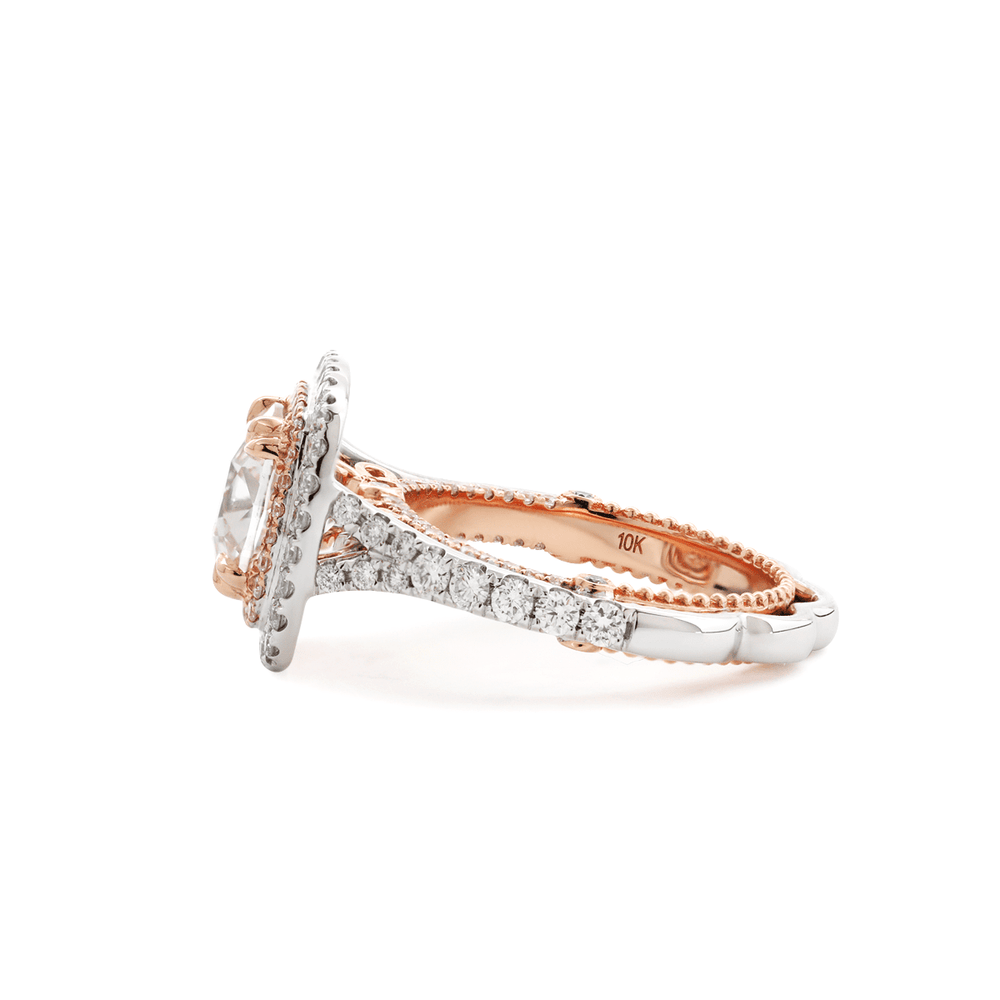 14K White and Rose Gold 2.5ct Old Mine Cut Lab Diamond Evelina Halo Edwardian Style Ring with Waverly Band and Millegrain Edging - FIORESE JEWELRY
