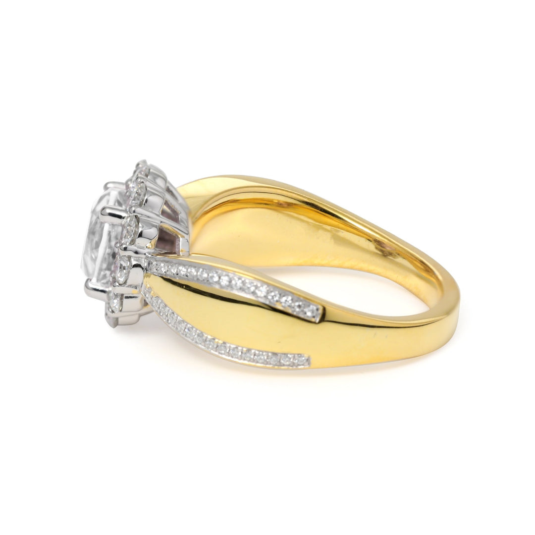 14K White and Yellow Gold 1ct Round Cut Lab Diamond Halo Vintage - style Ring with a Tapered Band - FIORESE JEWELRY