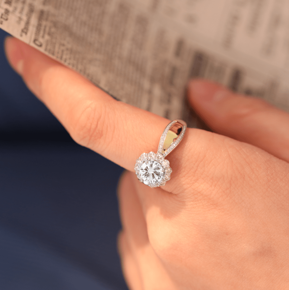 14K White and Yellow Gold 1ct Round Cut Lab Diamond Halo Vintage - style Ring with a Tapered Band - FIORESE JEWELRY