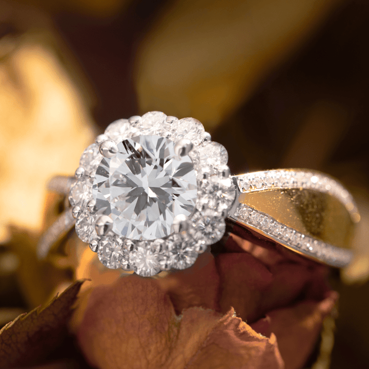 14K White and Yellow Gold 1ct Round Cut Lab Diamond Halo Vintage - style Ring with a Tapered Band - FIORESE JEWELRY
