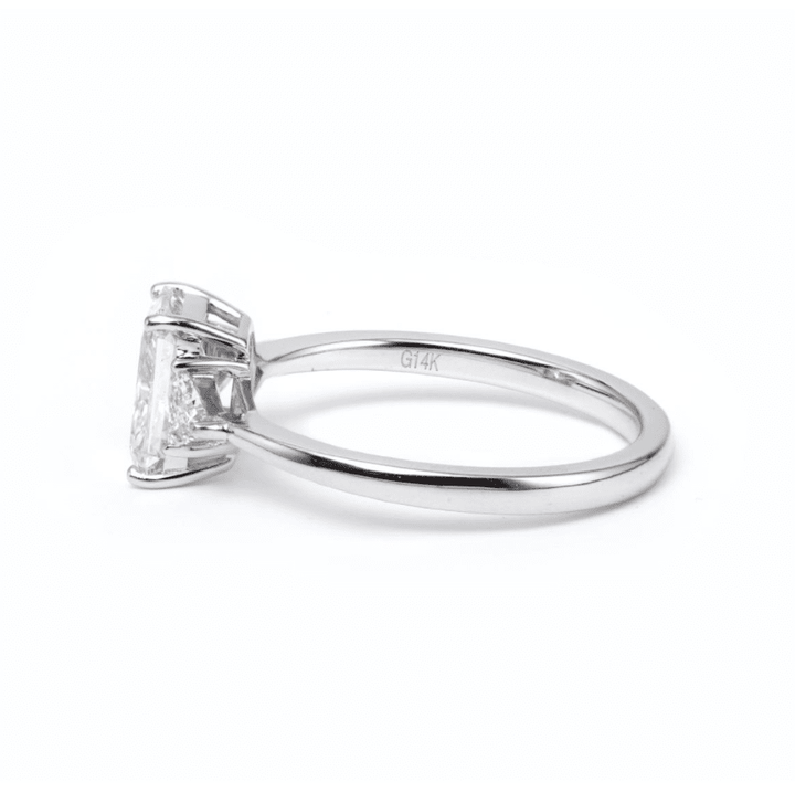 14K White Gold 1.5ct Radiant Cut Lab Diamond Three Stone Ring with Triangular Cut Lab Diamond Side Stones and Tapered Band Design - FIORESE JEWELRY