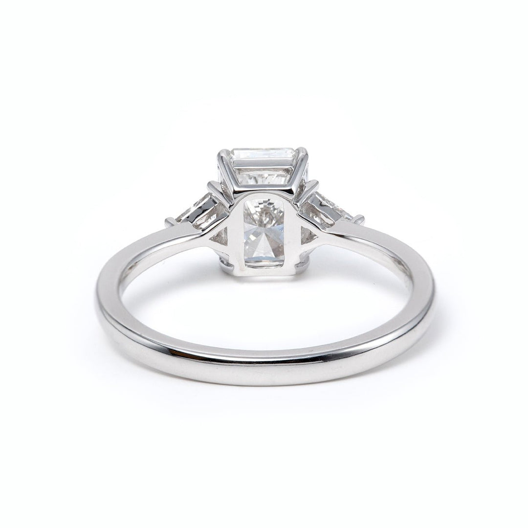 14K White Gold 1.5ct Radiant Cut Lab Diamond Three Stone Ring with Triangular Cut Lab Diamond Side Stones and Tapered Band Design - FIORESE JEWELRY