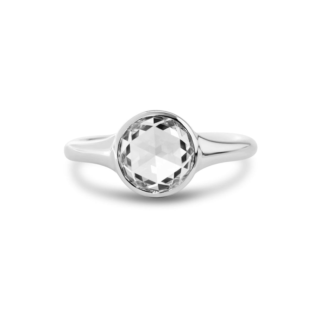 14K White Gold 1.5ct Rose Cut Lab Diamond Bezel Ring with Tapered Band - FIORESE JEWELRY