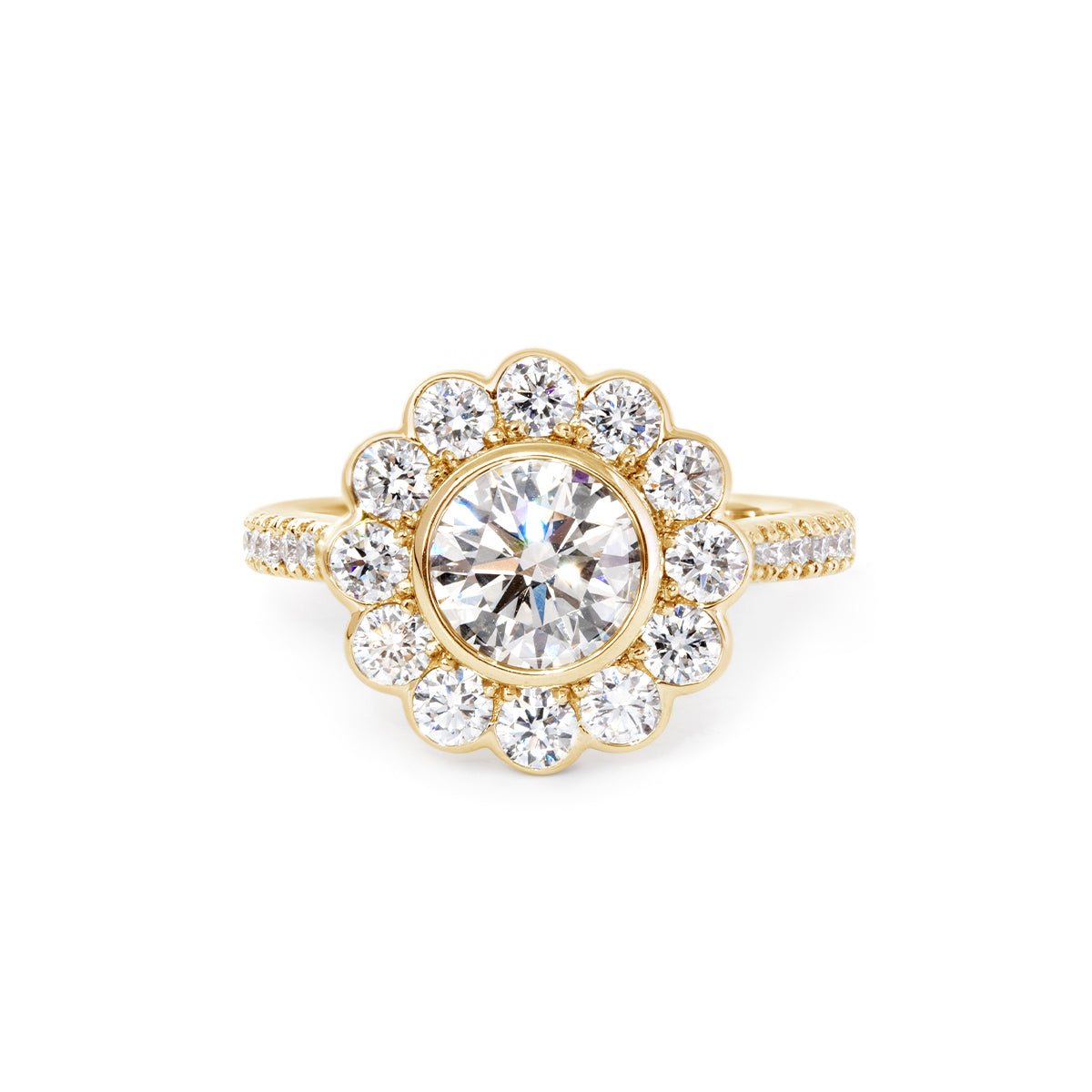 14K White Gold 1.5ct Round Cut Lab Diamond Halo Ring with Tapered Band and Half Circle Pave