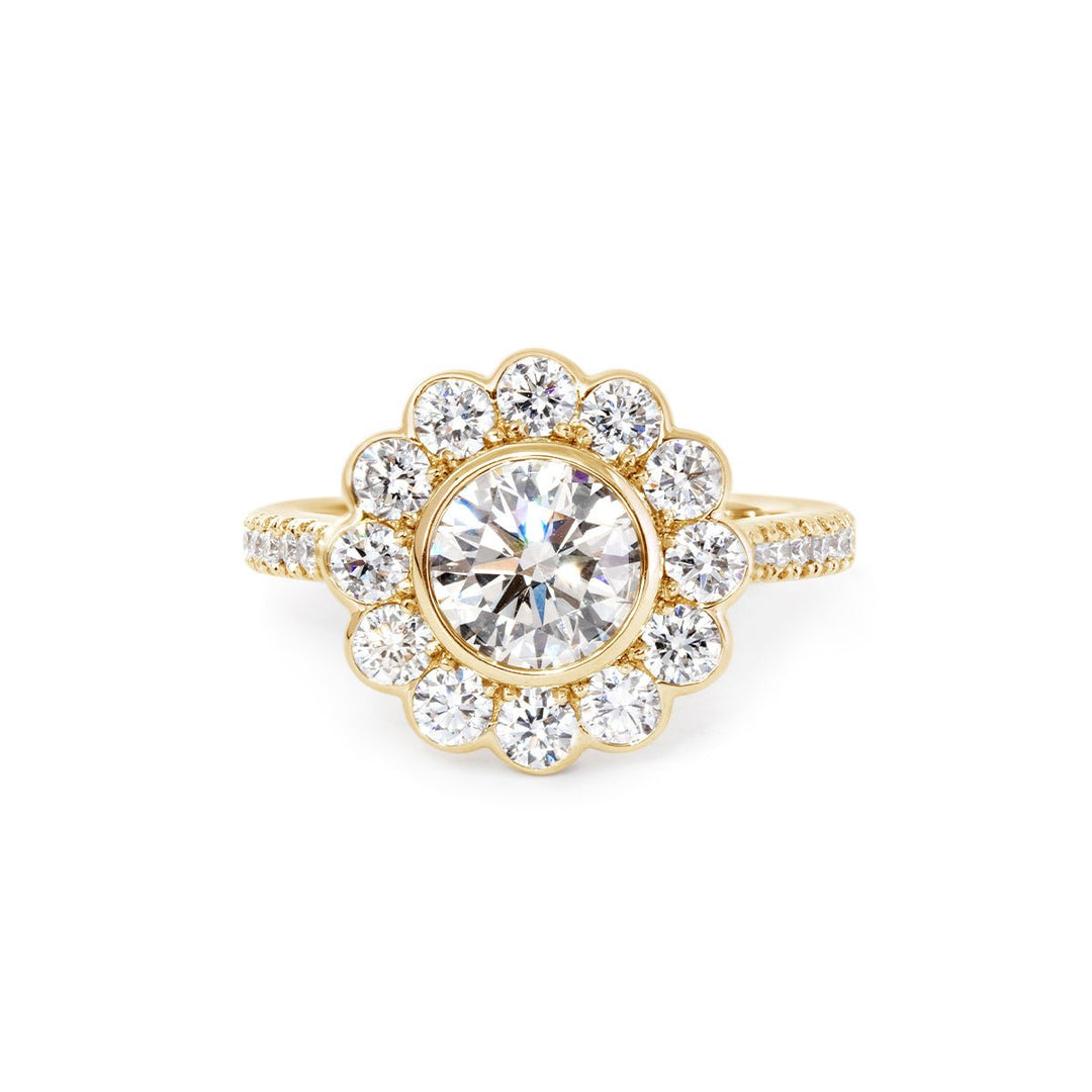 14K White Gold 1.5ct Round Cut Lab Diamond Halo Ring with Tapered Band and Half Circle Pave - FIORESE JEWELRY