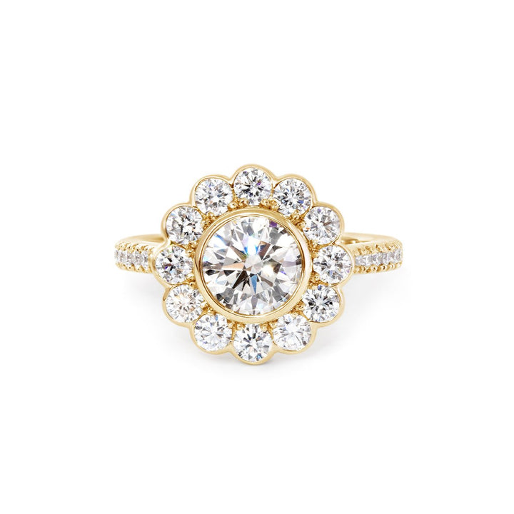 14K White Gold 1.5ct Round Cut Lab Diamond Halo Ring with Tapered Band and Half Circle Pave - FIORESE JEWELRY