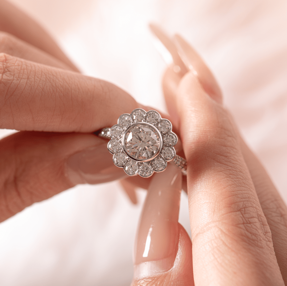 14K White Gold 1.5ct Round Cut Lab Diamond Halo Ring with Tapered Band and Half Circle Pave - FIORESE JEWELRY