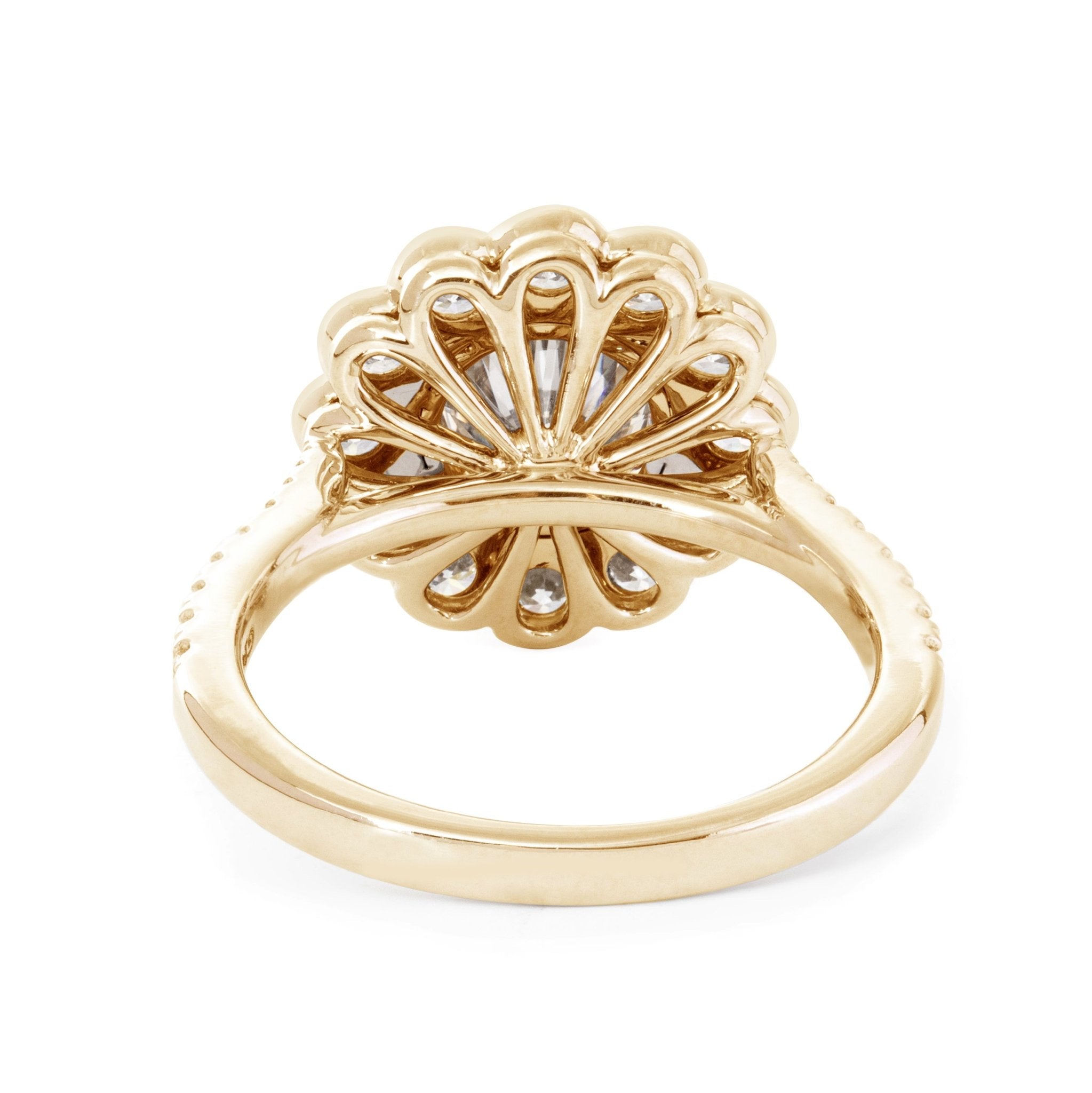 14K White Gold 1.5ct Round Cut Lab Diamond Halo Ring with Tapered Band and Half Circle Pave