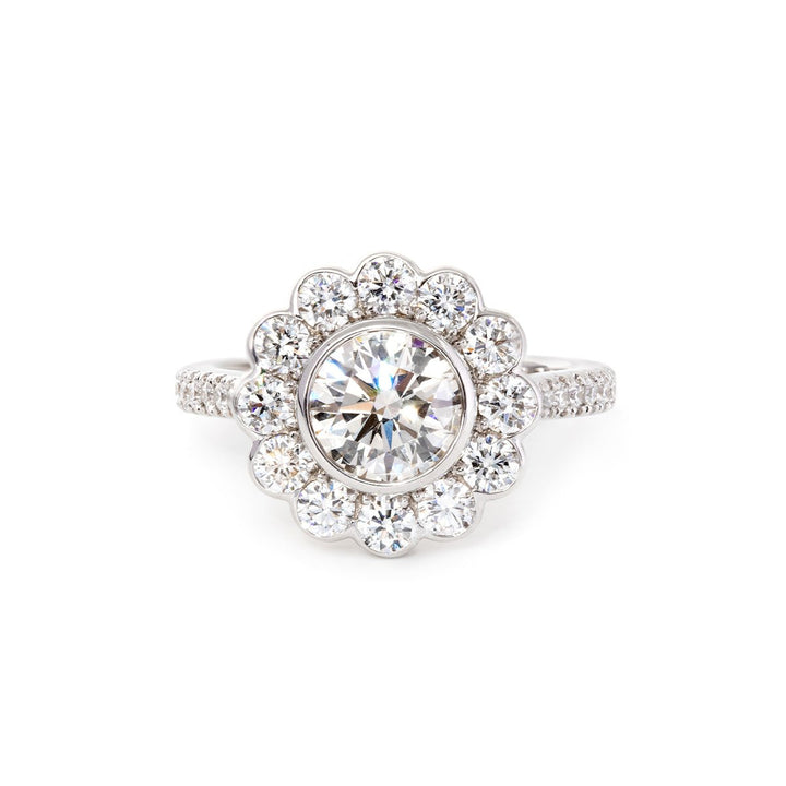 14K White Gold 1.5ct Round Cut Lab Diamond Halo Ring with Tapered Band and Half Circle Pave - FIORESE JEWELRY