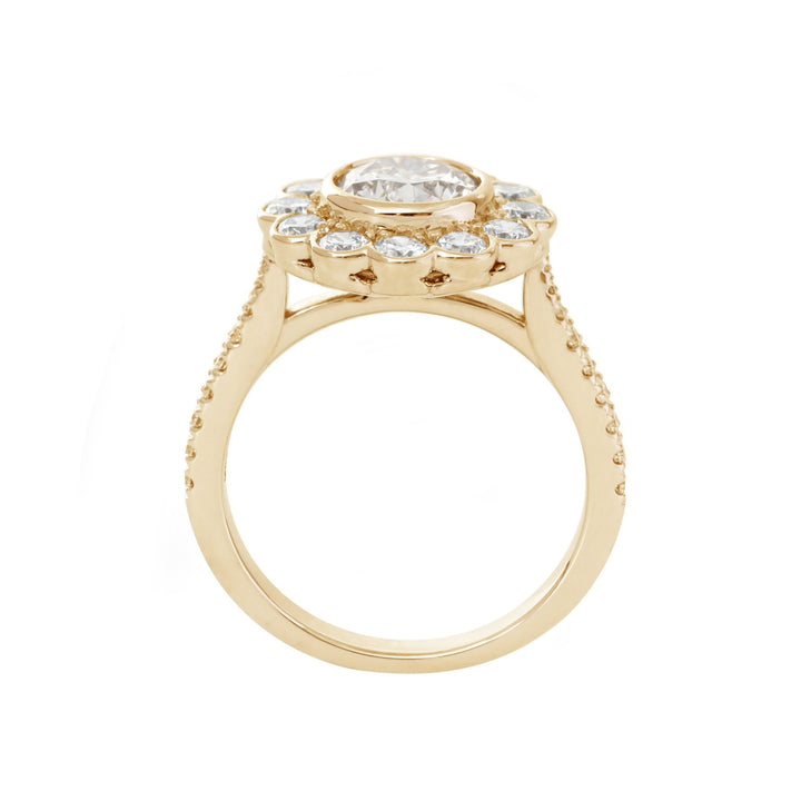14K White Gold 1.5ct Round Cut Lab Diamond Halo Ring with Tapered Band and Half Circle Pave - FIORESE JEWELRY