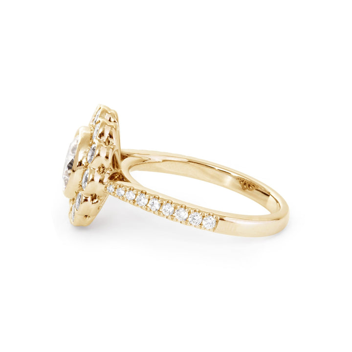 14K White Gold 1.5ct Round Cut Lab Diamond Halo Ring with Tapered Band and Half Circle Pave - FIORESE JEWELRY
