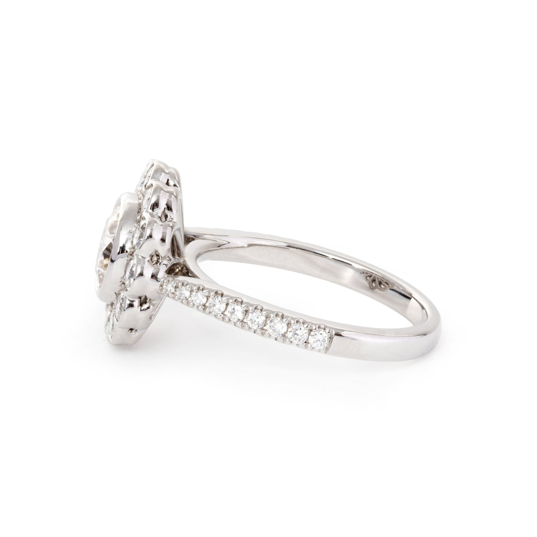 14K White Gold 1.5ct Round Cut Lab Diamond Halo Ring with Tapered Band and Half Circle Pave - FIORESE JEWELRY
