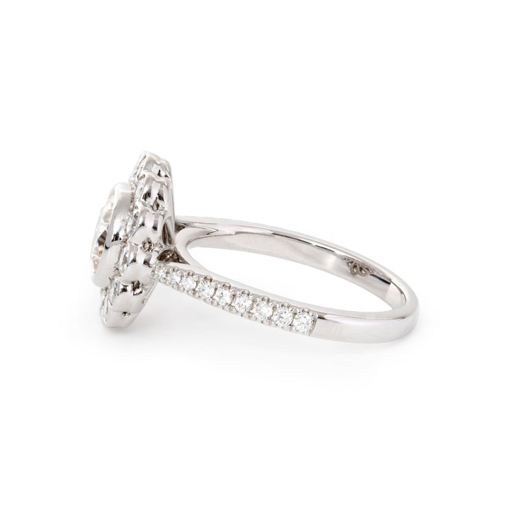 14K White Gold 1.5ct Round Cut Lab Diamond Halo Ring with Tapered Band and Half Circle Pave - FIORESE JEWELRY