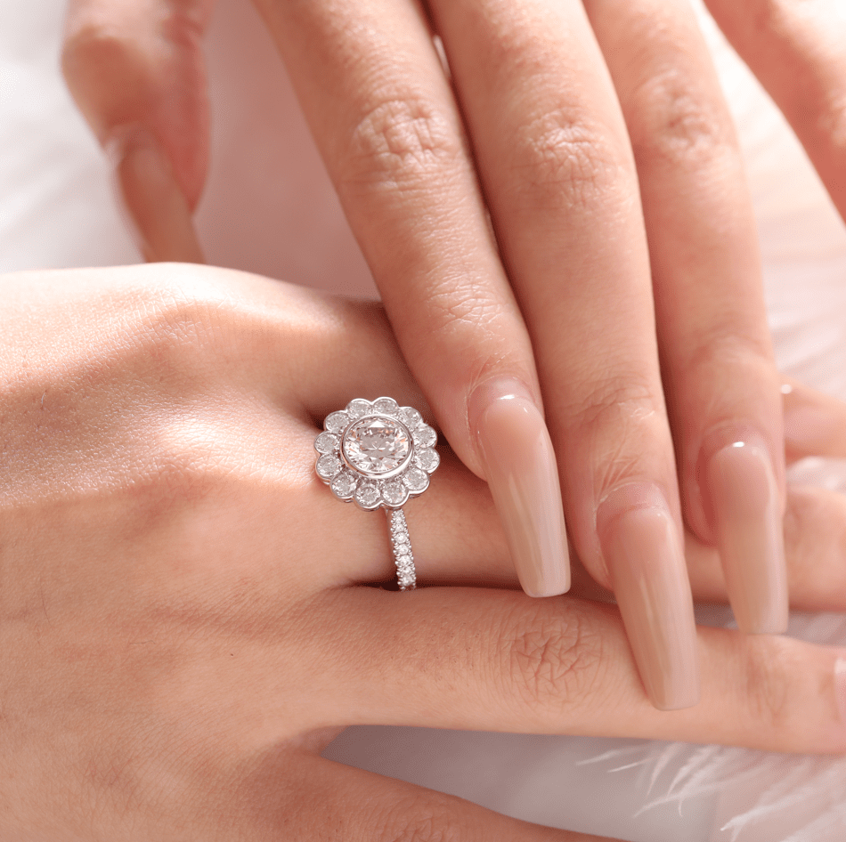 14K White Gold 1.5ct Round Cut Lab Diamond Halo Ring with Tapered Band and Half Circle Pave - FIORESE JEWELRY