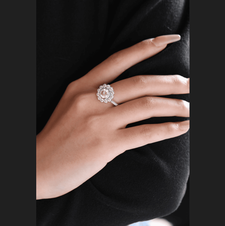14K White Gold 1.5ct Round Cut Lab Diamond Halo Ring with Tapered Band and Half Circle Pave - FIORESE JEWELRY