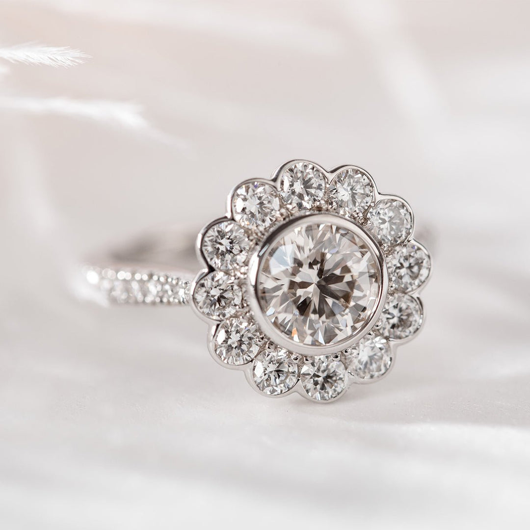 14K White Gold 1.5ct Round Cut Lab Diamond Halo Ring with Tapered Band and Half Circle Pave - FIORESE JEWELRY