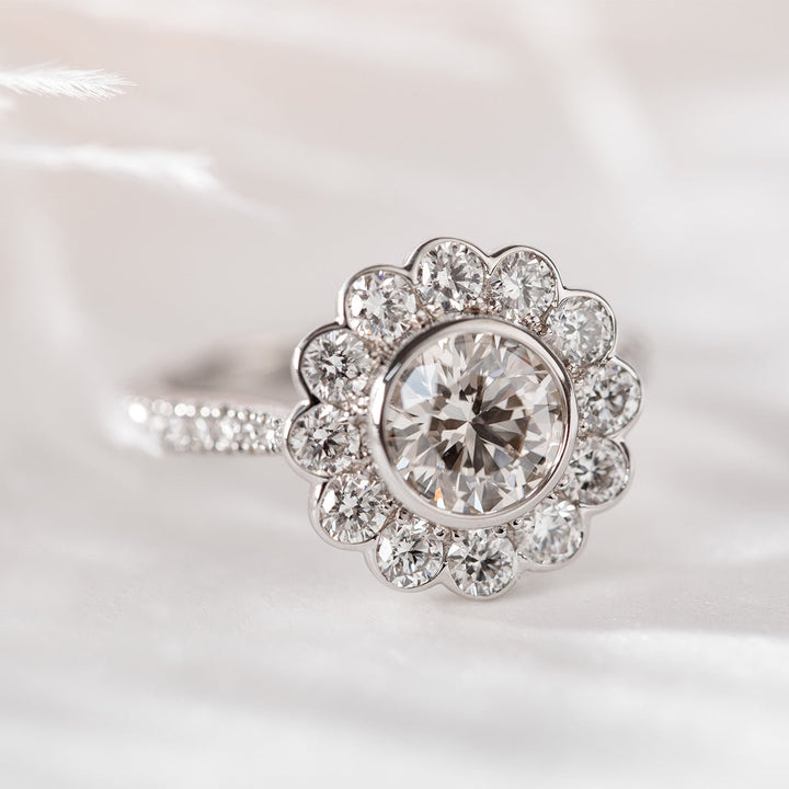 14K White Gold 1.5ct Round Cut Lab Diamond Halo Ring with Tapered Band and Half Circle Pave - FIORESE JEWELRY
