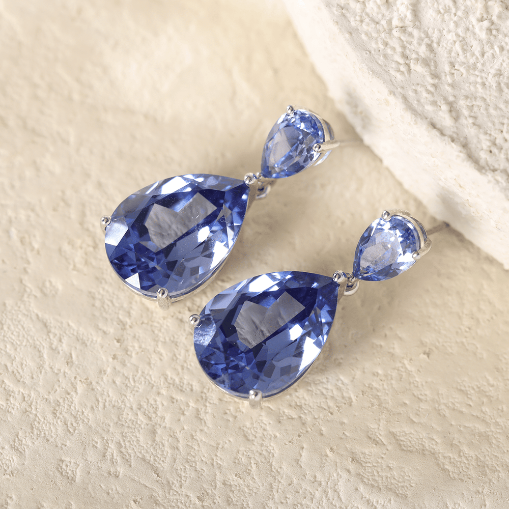 14K White Gold 16 ct tw Pear Shaped Cornflower Blue Lab Sapphire Drop Stud Earrings - FIORESE JEWELRY