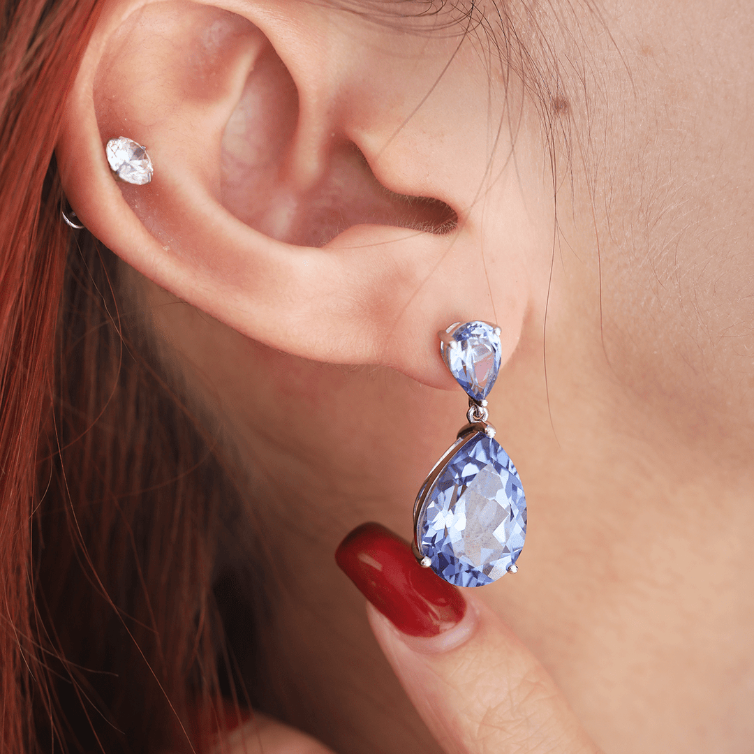 14K White Gold 16 ct tw Pear Shaped Cornflower Blue Lab Sapphire Drop Stud Earrings - FIORESE JEWELRY