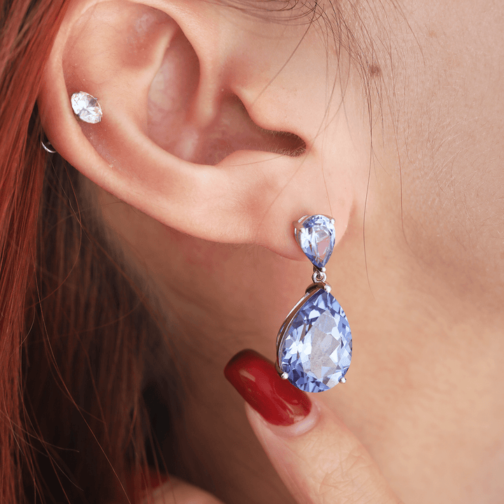 14K White Gold 16 ct tw Pear Shaped Cornflower Blue Lab Sapphire Drop Stud Earrings - FIORESE JEWELRY