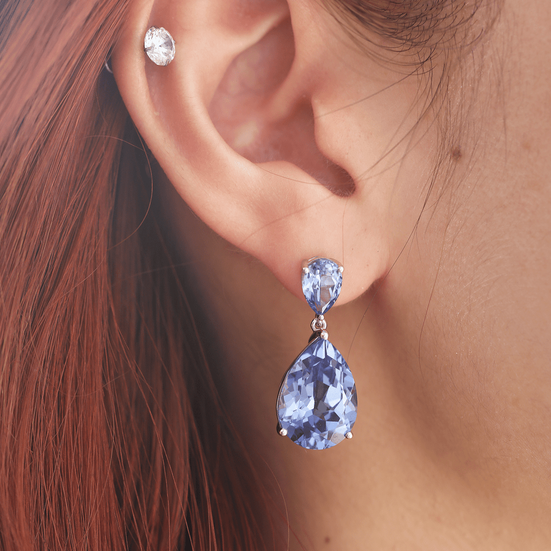 14K White Gold 16 ct tw Pear Shaped Cornflower Blue Lab Sapphire Drop Stud Earrings - FIORESE JEWELRY