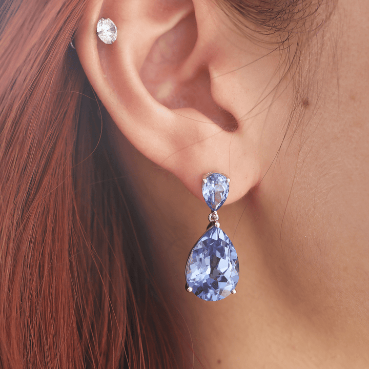14K White Gold 16 ct tw Pear Shaped Cornflower Blue Lab Sapphire Drop Stud Earrings - FIORESE JEWELRY