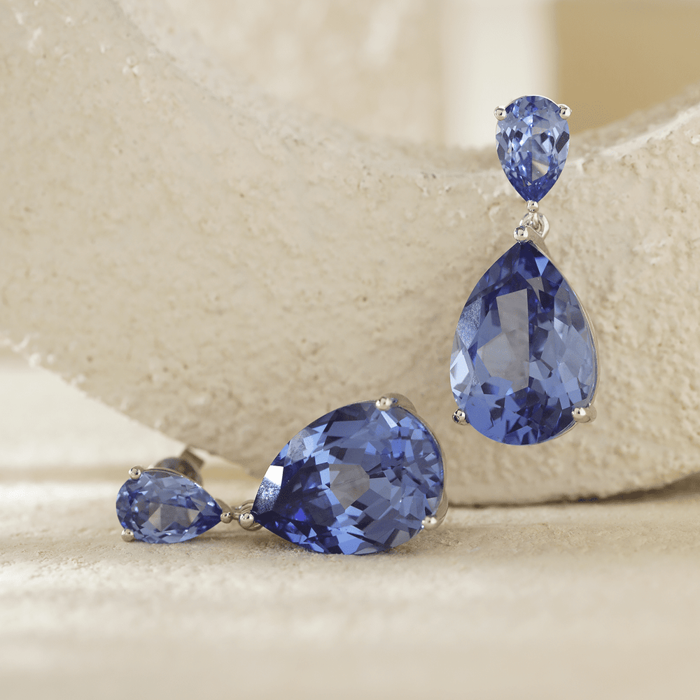 14K White Gold 16 ct tw Pear Shaped Cornflower Blue Lab Sapphire Drop Stud Earrings - FIORESE JEWELRY
