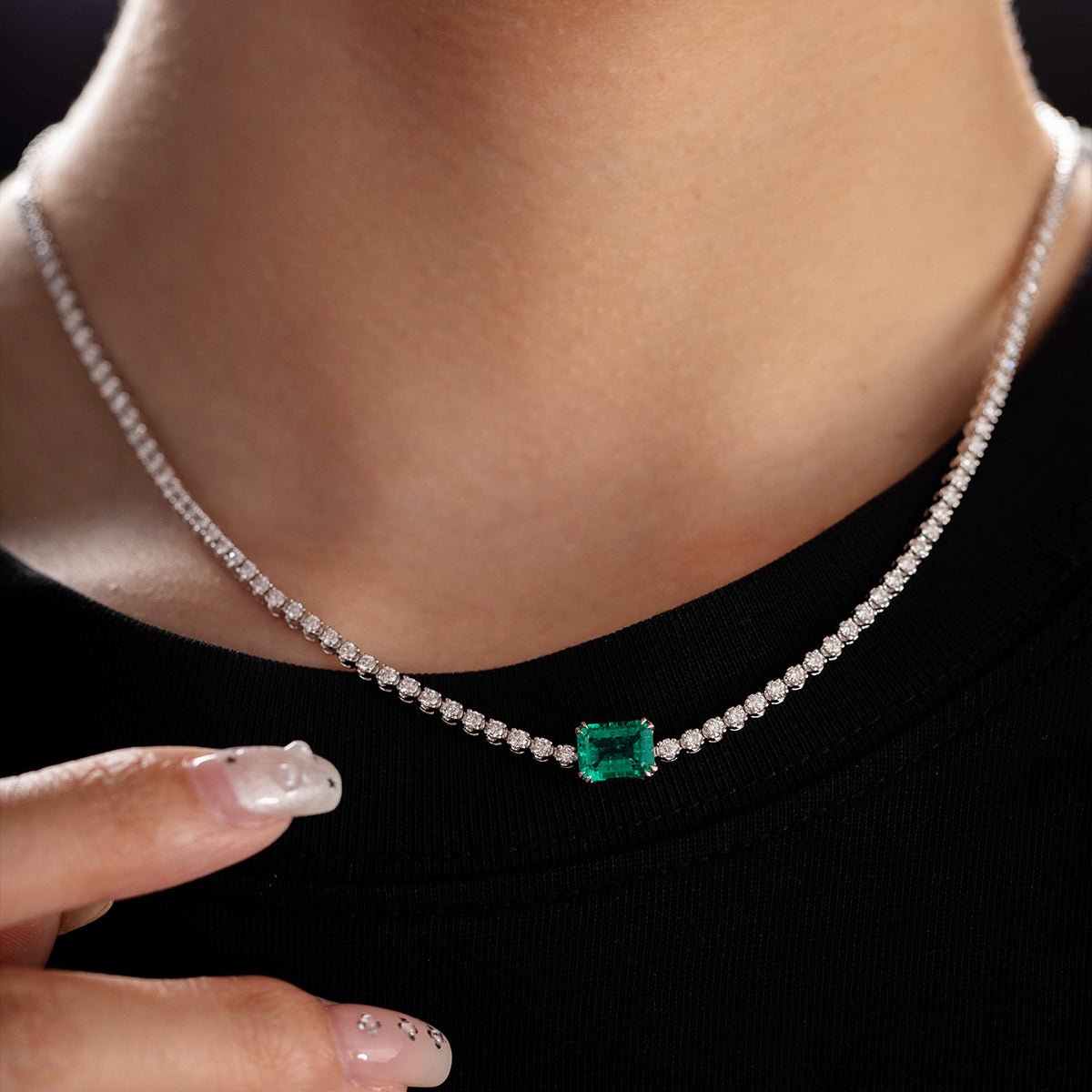 14K White Gold 1.8mm Round Lab Diamond Tennis Necklace with A 8*6mm Lab Emerald - FIORESE JEWELRY
