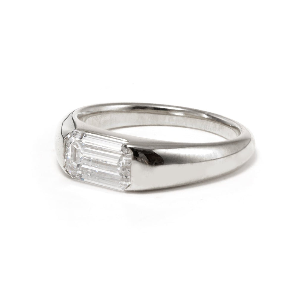14K White Gold 1ct Emerald Cut Lab Diamond Half Bezel Ring with Tapered Band Design - FIORESE JEWELRY