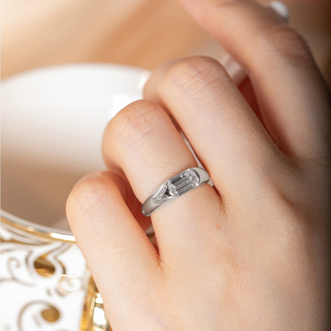 14K White Gold 1ct Emerald Cut Lab Diamond Half Bezel Ring with Tapered Band Design - FIORESE JEWELRY