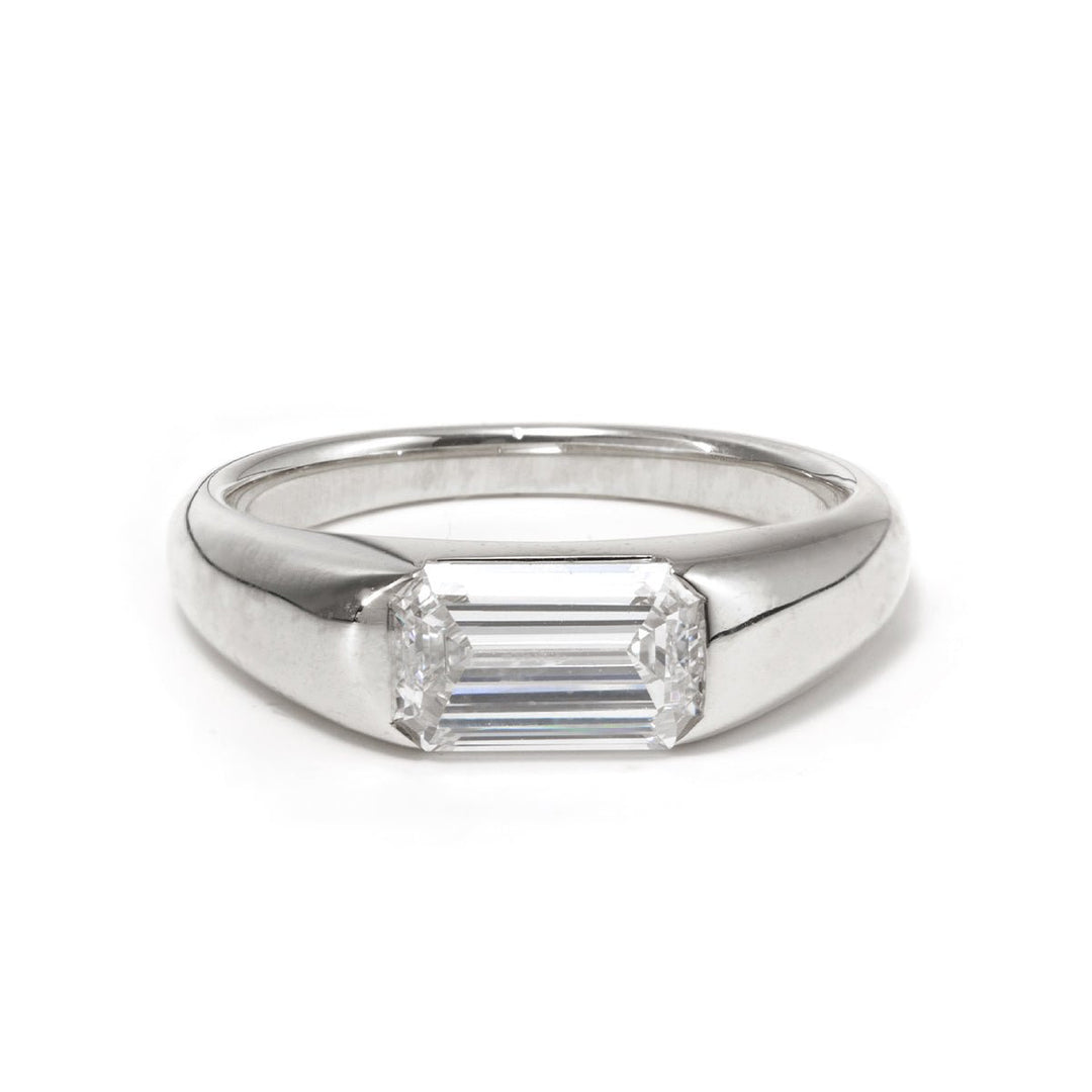 14K White Gold 1ct Emerald Cut Lab Diamond Half Bezel Ring with Tapered Band Design - FIORESE JEWELRY