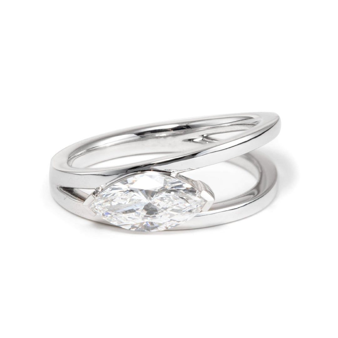 14K White Gold 1ct Marquise Cut Lab Diamond Solitaire Ring in V Shape Design - FIORESE JEWELRY