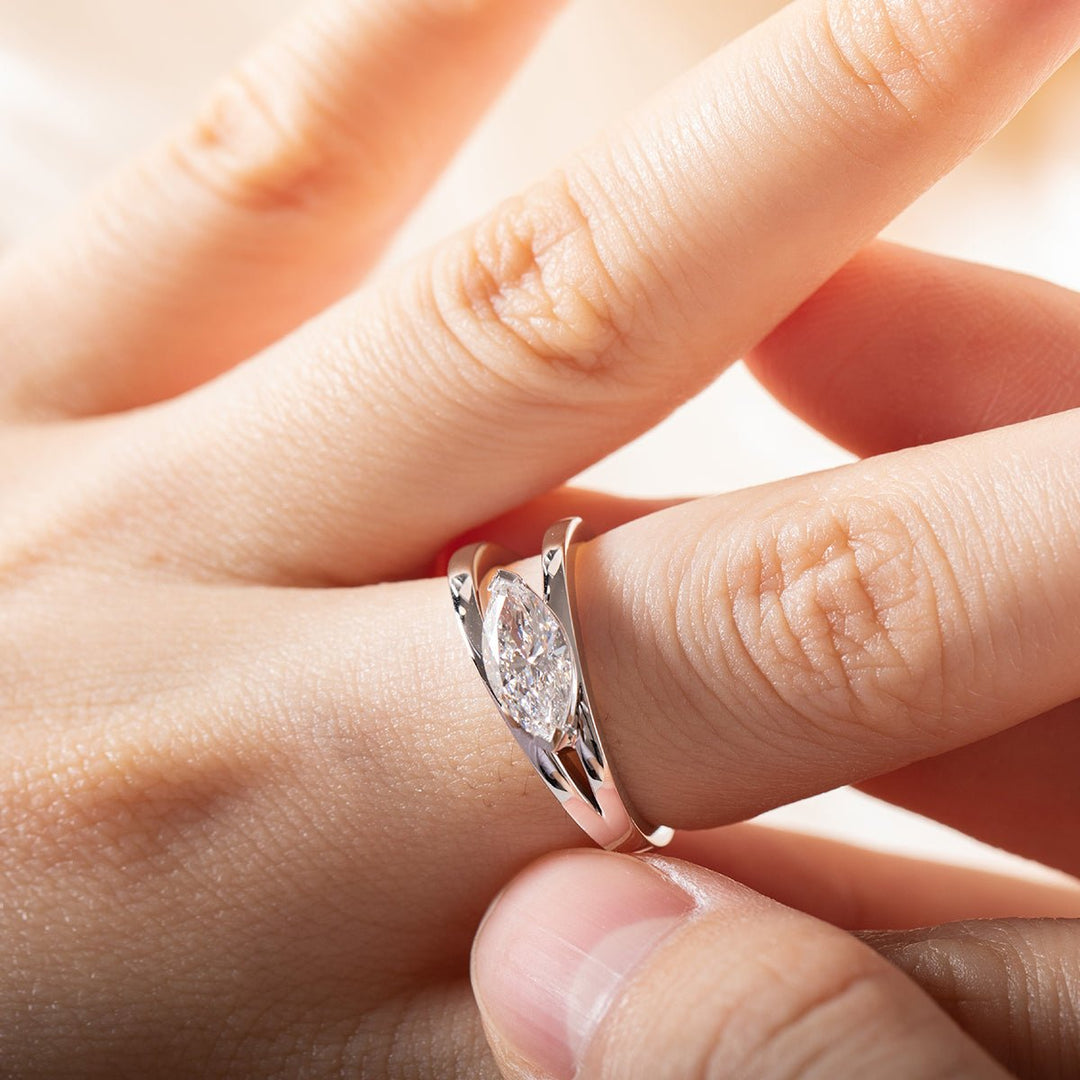 14K White Gold 1ct Marquise Cut Lab Diamond Solitaire Ring in V Shape Design - FIORESE JEWELRY