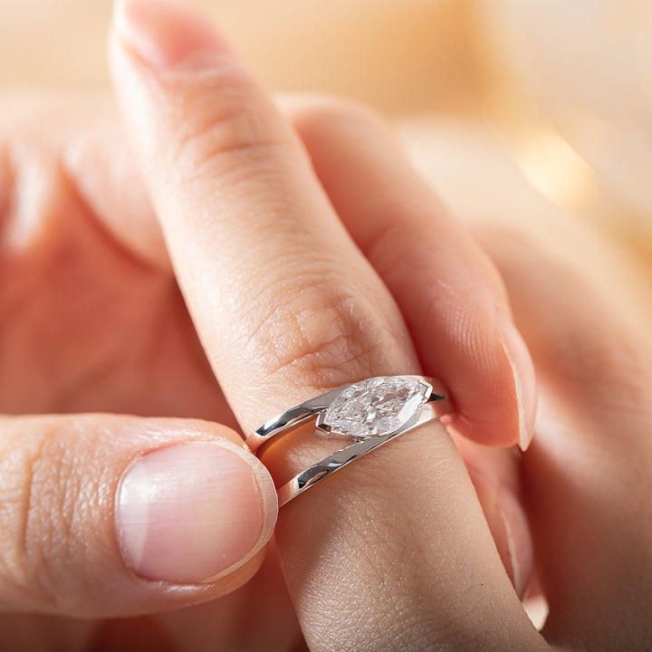 14K White Gold 1ct Marquise Cut Lab Diamond Solitaire Ring in V Shape Design - FIORESE JEWELRY