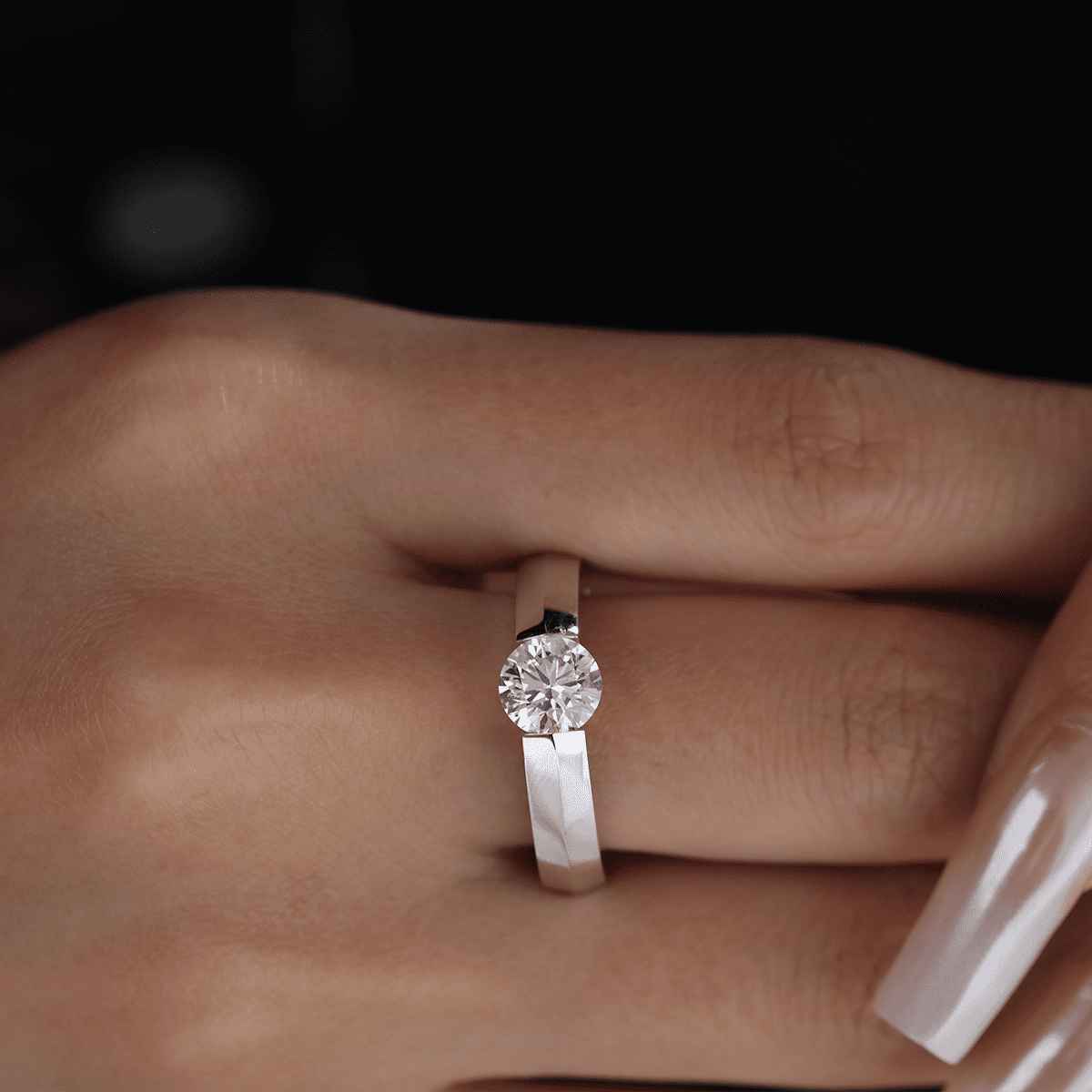 14K White Gold 1ct Round Brilliant Cut Lab Diamond Solitaire Ring with Knife Edge Band Design