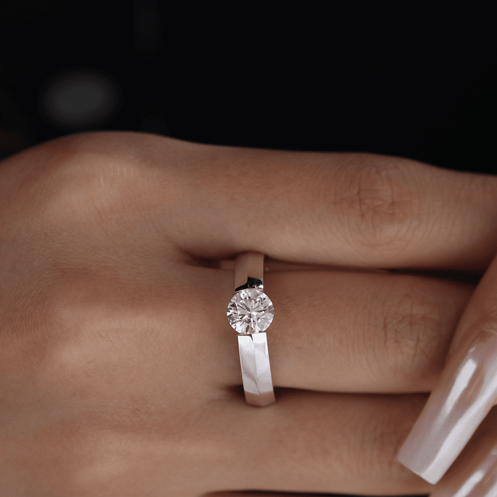 14K White Gold 1ct Round Brilliant Cut Lab Diamond Solitaire Ring with Knife Edge Band Design - FIORESE JEWELRY
