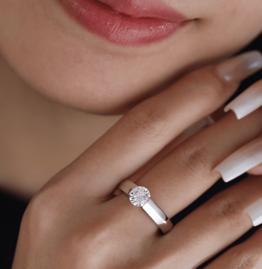 14K White Gold 1ct Round Brilliant Cut Lab Diamond Solitaire Ring with Knife Edge Band Design - FIORESE JEWELRY