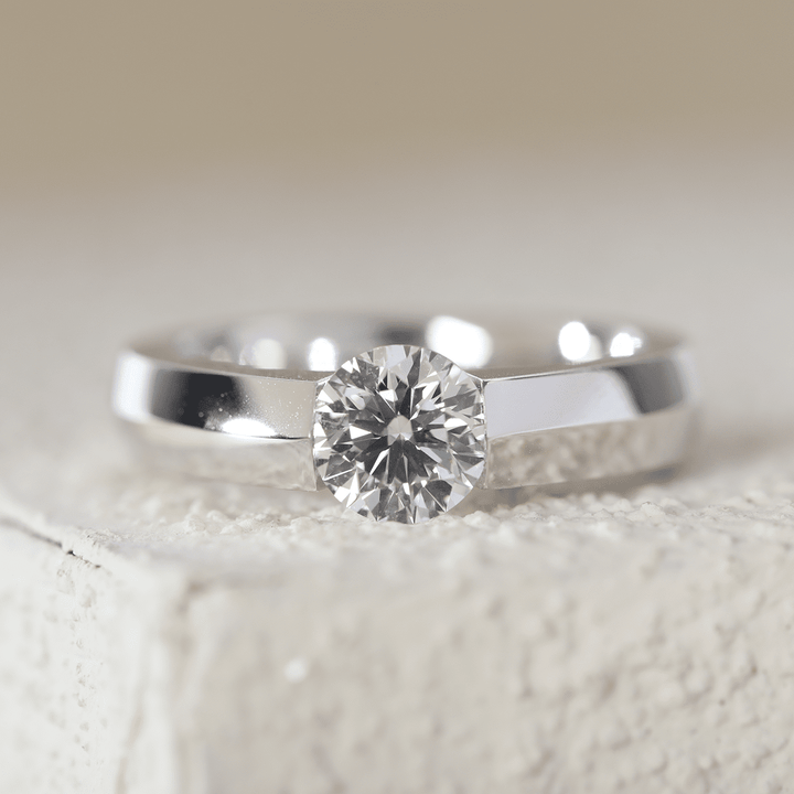 14K White Gold 1ct Round Brilliant Cut Lab Diamond Solitaire Ring with Knife Edge Band Design - FIORESE JEWELRY